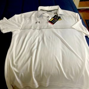 Mens, NWT, UA polo, white with gray strips on top. Size med.